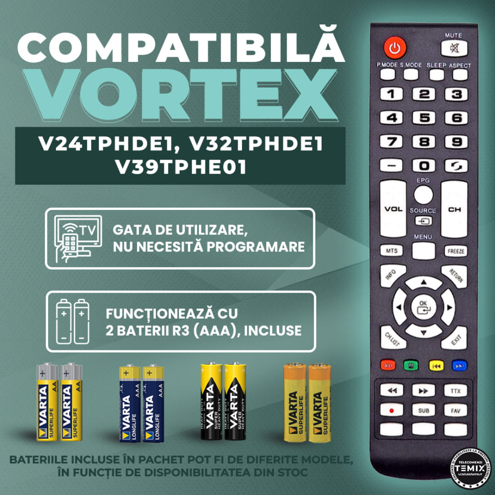 Telecomanda compatibila Vortex, V24TPHDE1, V32TPHDE1, V39TPHDE1, TEMIX®, neagra, baterii incluse [2]