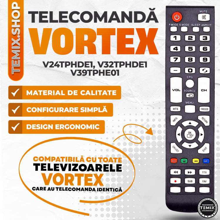 Telecomanda compatibila Vortex, V24TPHDE1, V32TPHDE1, V39TPHDE1, TEMIX®, neagra, baterii incluse [3]