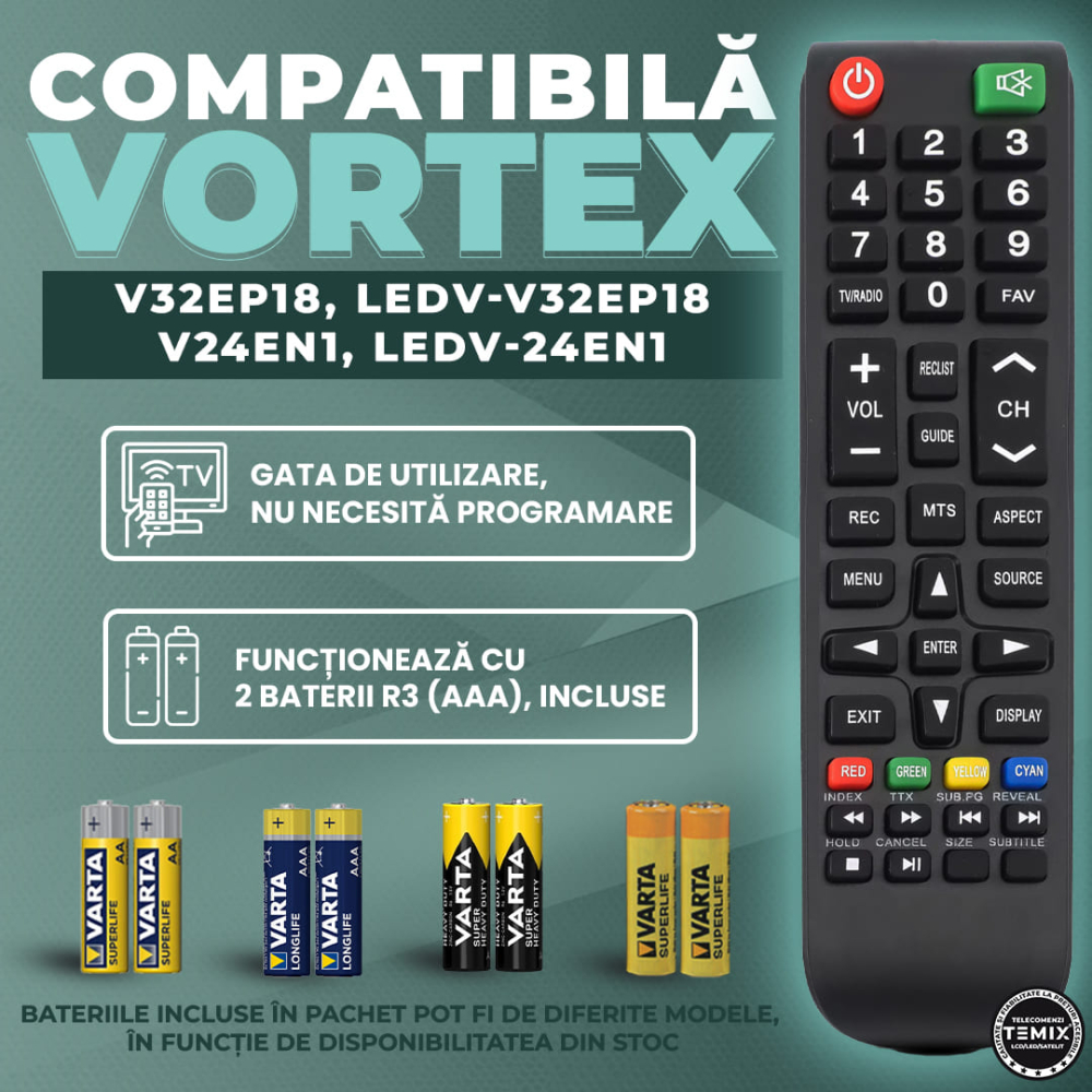 Telecomanda compatibila Vortex, V32EP18, V24EN1, LEDV-32EP18, LEDV-24EN1, TEMIX®, neagra, baterii incluse [2]
