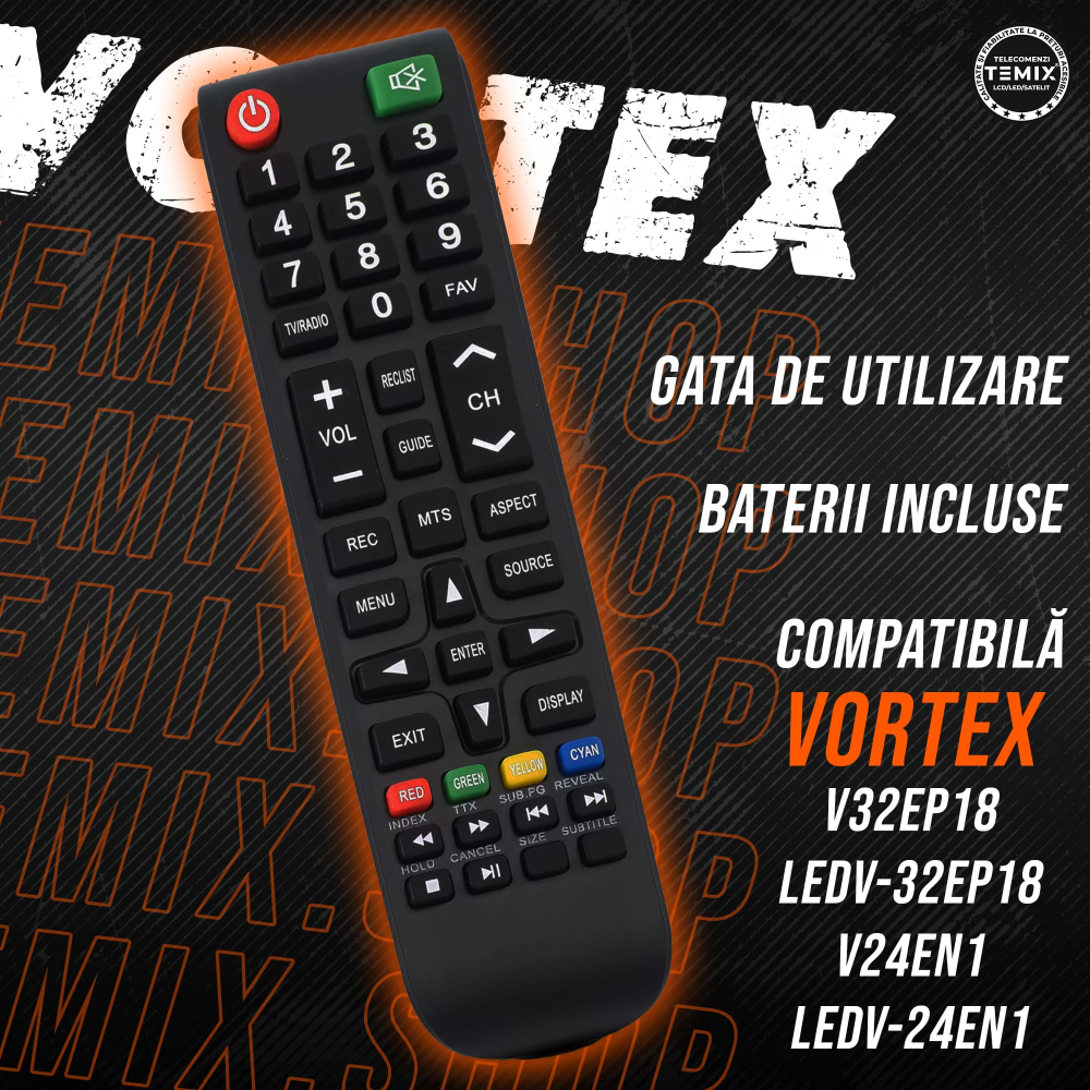 Telecomanda compatibila Vortex, V32EP18, V24EN1, LEDV-32EP18, LEDV-24EN1, TEMIX®, neagra, baterii incluse [4]