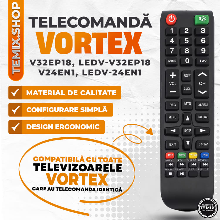 Telecomanda compatibila Vortex, V32EP18, V24EN1, LEDV-32EP18, LEDV-24EN1, TEMIX®, neagra, baterii incluse [3]