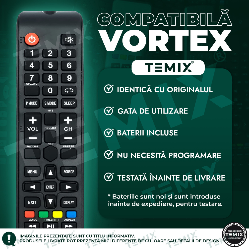 Telecomanda compatibila Vortex, V32ETA1, V40EP3, 40TD1290, LEDV40E19D, TEMIX®, neagra, baterii incluse [3]