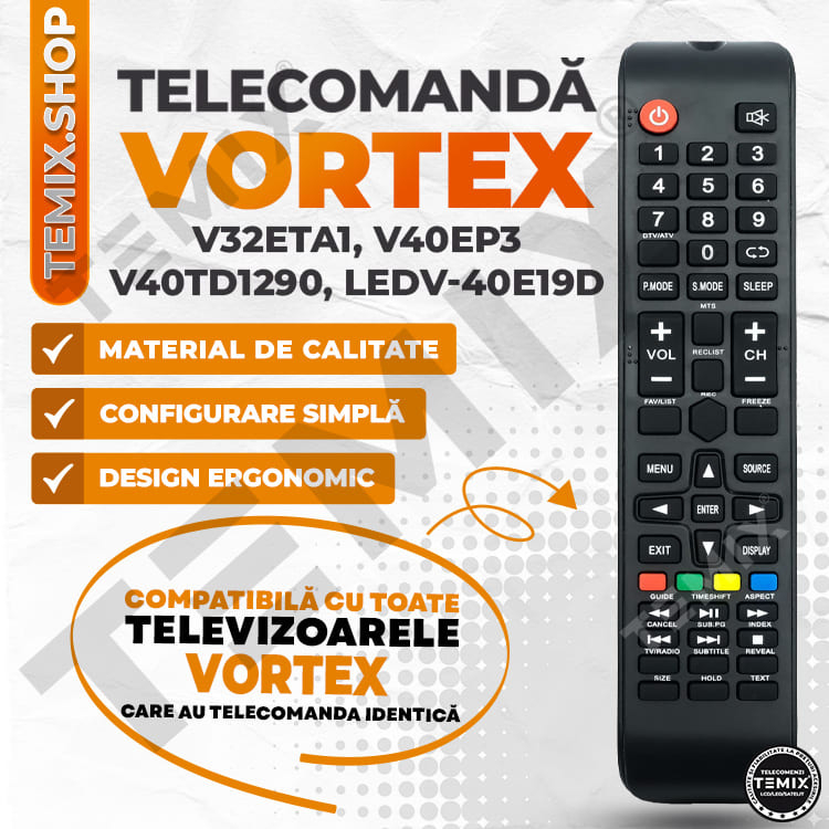 Telecomanda compatibila Vortex, V32ETA1, V40EP3, 40TD1290, LEDV40E19D, TEMIX®, neagra, baterii incluse [4]