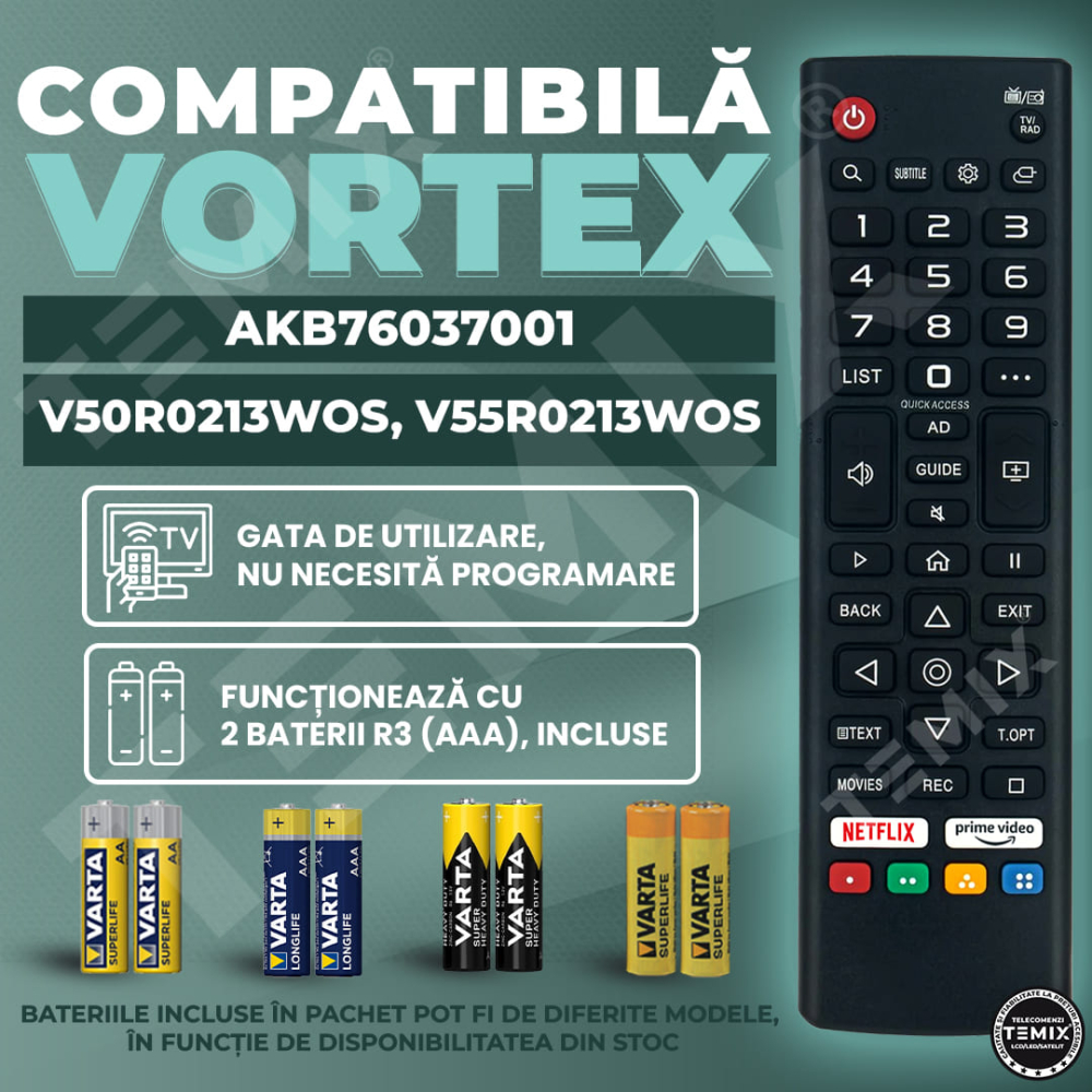 Telecomanda compatibila Vortex, V50R0213WOS, V55R0213WOS, AKB76037001, butoane dedicate Netflix, PrimeVideo, TEMIX®, baterii incluse [2]