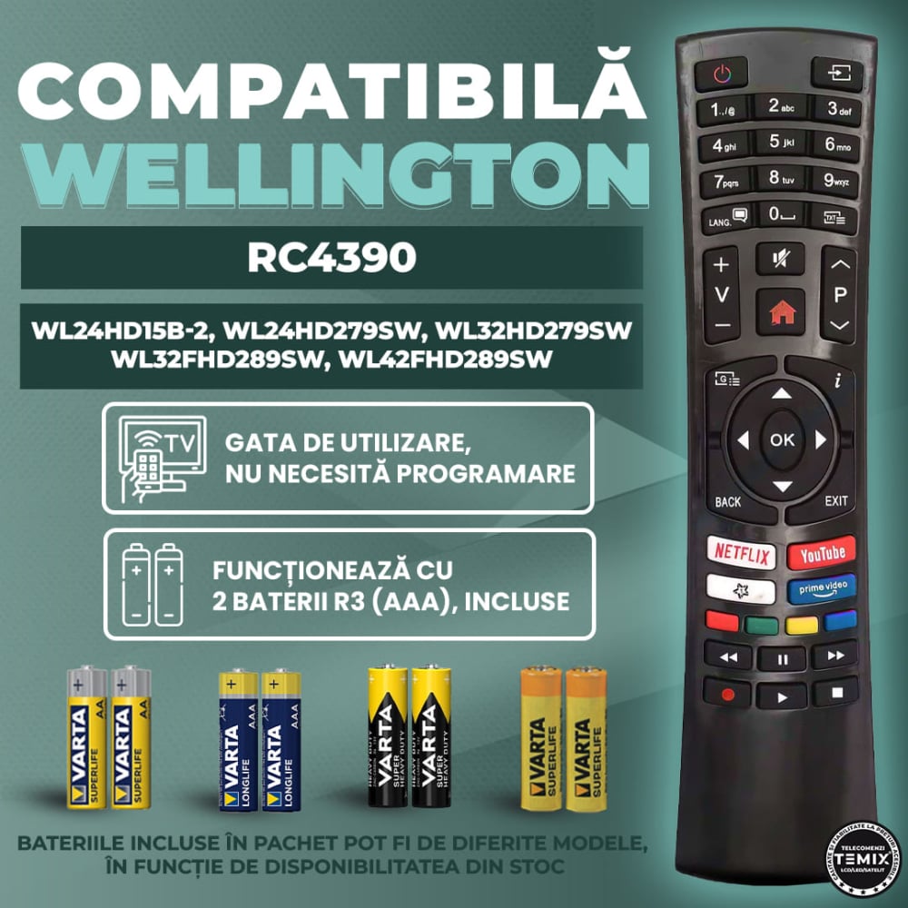 Telecomanda compatibila Wellington, WL24HD279, WL32HD279S, butoane dedicate Netflix, Youtube, Prime Video, TEMIX®, baterii incluse [2]