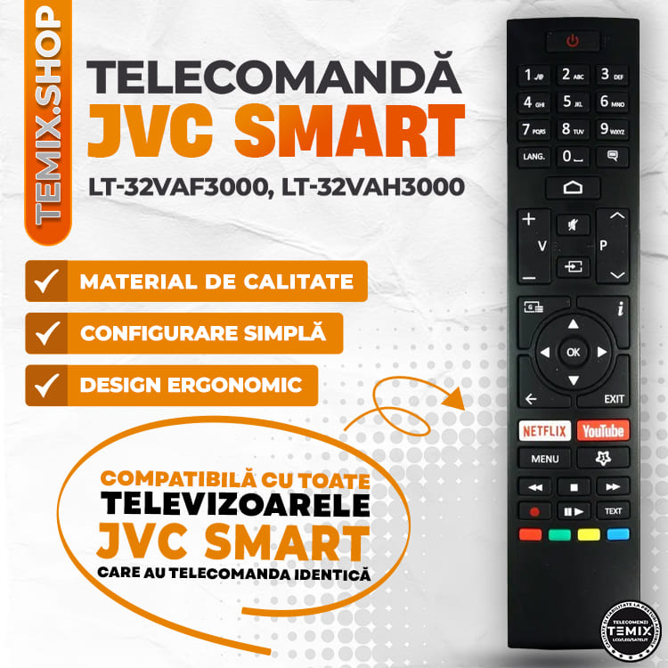 Telecomanda JVC Smart, RM-C3602, LT-32VAF3000, LT-32VAH3000, LT-32VAH3035, Netflix, YouTube, neagra, TEMIX®, baterii incluse [3]