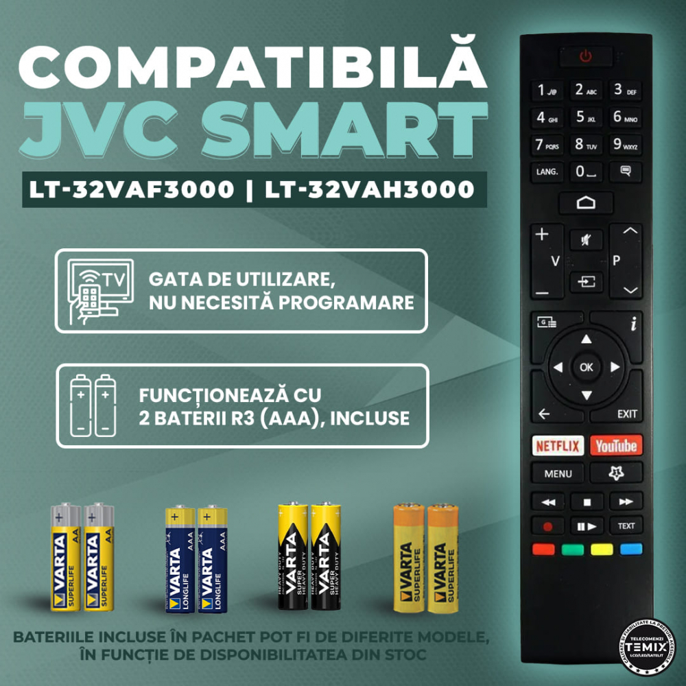 Telecomanda JVC Smart, RM-C3602, LT-32VAF3000, LT-32VAH3000, LT-32VAH3035, Netflix, YouTube, neagra, TEMIX®, baterii incluse [2]