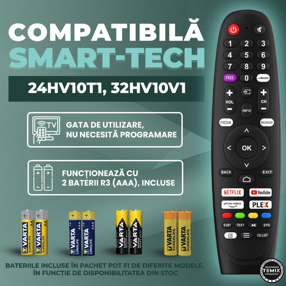 Telecomanda compatibila Smart-Tech, 24HV10T1, 32HV10V1, butoane dedicate Youtube, Netflix, Prime Video, TEMIX®, baterii incluse [2]