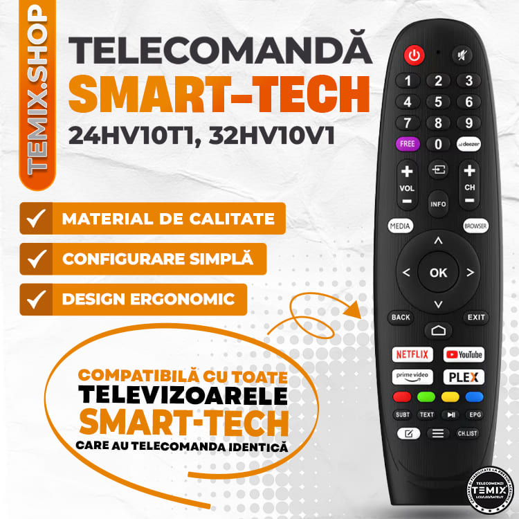 Telecomanda compatibila Smart-Tech, 24HV10T1, 32HV10V1, butoane dedicate Youtube, Netflix, Prime Video, TEMIX®, baterii incluse [3]