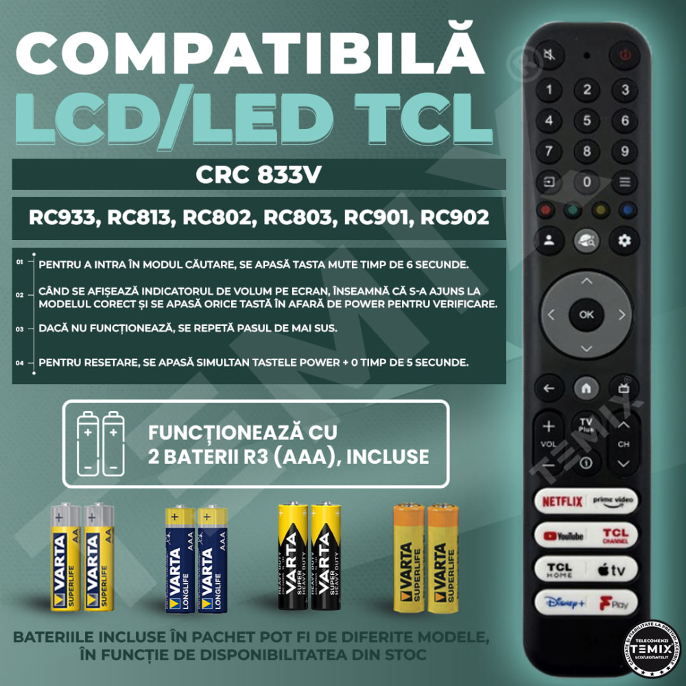 Telecomanda universala LCD/LED TCL, CRC833V, RC933, RC813, RC802, RC901, RC902, butoane dedicate Youtube, Netflix, PrimeVideo, TEMIX®, baterii incluse [2]