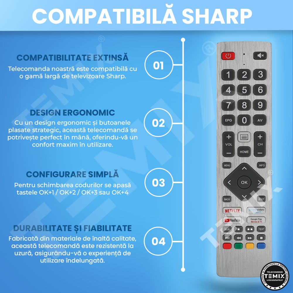 Telecomanda universala Sharp, compatibila cu 99% din modelele de TV LCD/LED Sharp, TEMIX®, baterii incluse [3]