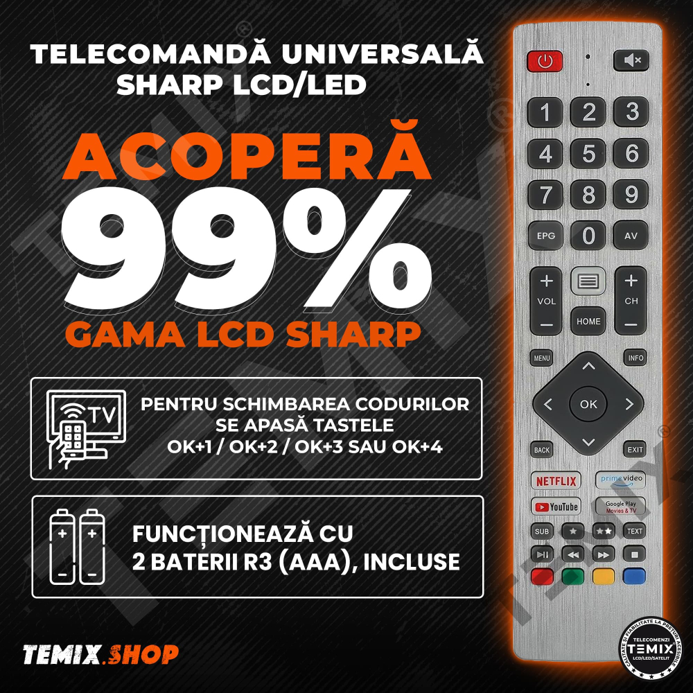 Telecomanda universala Sharp, compatibila cu 99% din modelele de TV LCD/LED Sharp, TEMIX®, baterii incluse [2]