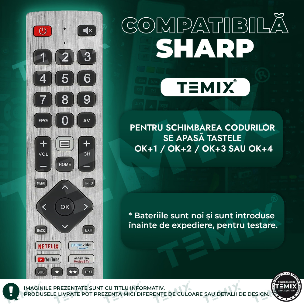 Telecomanda universala Sharp, compatibila cu 99% din modelele de TV LCD/LED Sharp, TEMIX®, baterii incluse [4]