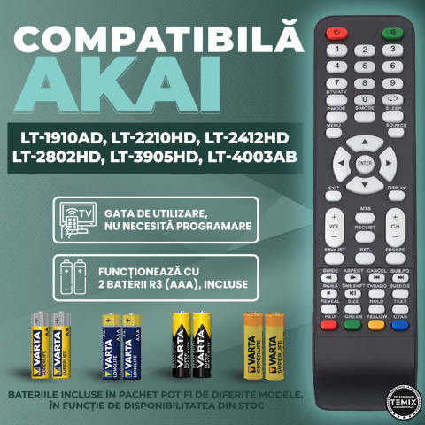 Telecomanda compatibila Akai, LT-2412HD, LT-2802HD, LT-3905HD, TEMIX®, neagra, baterii incluse [1]