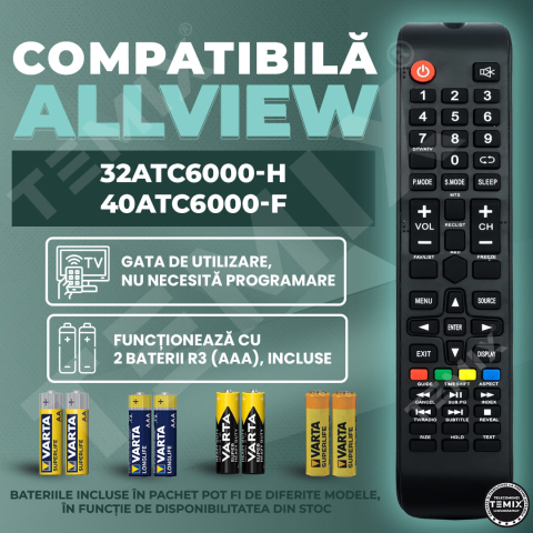 Telecomanda compatibila Allview, 32ATC6000-H, 40ATC6000-F, TEMIX®, neagra, baterii incluse [1]