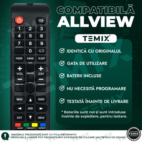 Telecomanda compatibila Allview, 32ATC6000-H, 40ATC6000-F, TEMIX®, neagra, baterii incluse [2]