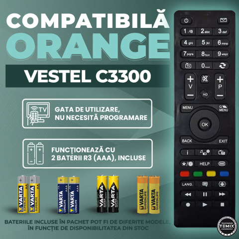 Telecomanda compatibila decodor Orange, Vestel C3300, TEMIX®, neagra, baterii incluse [1]