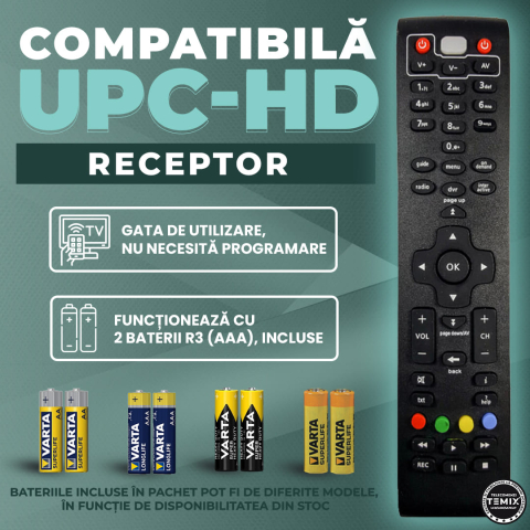Telecomanda compatibila decodor UPC-HD, TEMIX®, neagra, baterii incluse [1]