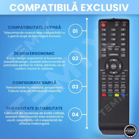 Telecomanda compatibila Exclusiv, EX22TV1, EX32TV1, EX32DTV1, EXCLUTVD3, EXCLUDTV3, TEMIX®, neagra, baterii incluse [4]