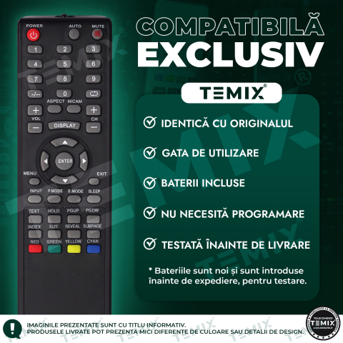 Telecomanda compatibila Exclusiv, EX22TV1, EX32TV1, EX32DTV1, EXCLUTVD3, EXCLUDTV3, TEMIX®, neagra, baterii incluse [2]