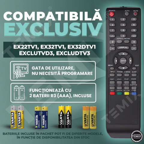 Telecomanda compatibila Exclusiv, EX22TV1, EX32TV1, EX32DTV1, EXCLUTVD3, EXCLUDTV3, TEMIX®, neagra, baterii incluse [1]