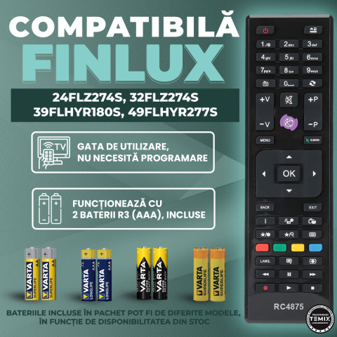 Telecomanda compatibila Finlux, 24FLZ274S, 32FLZ274S, 39FLHYR180S, 49FLHYR277S, TEMIX®, neagra, baterii incluse [1]