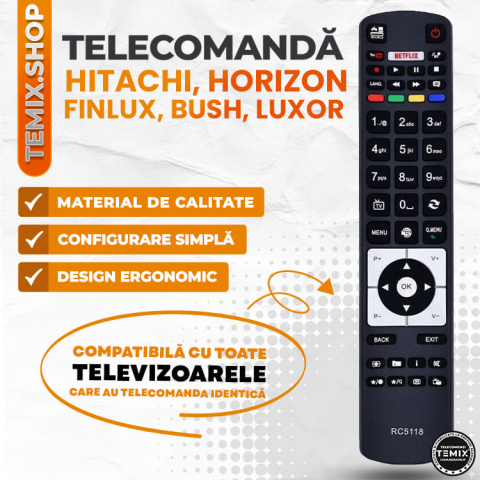Telecomanda compatibila Hitachi, Horizon, Finlux, Telefunken, Bush, Luxor, RC5118, TEMIX®, baterii incluse [2]