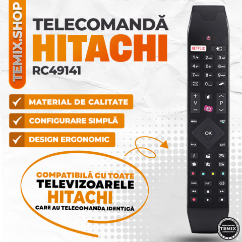 Telecomanda compatibila Hitachi, RC49141, buton dedicat Netflix, TEMIX®, neagra, baterii incluse [2]