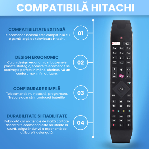 Telecomanda compatibila Hitachi, RC49141, buton dedicat Netflix, TEMIX®, neagra, baterii incluse [3]