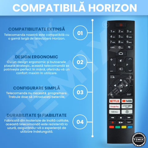 Telecomanda compatibila Horizon, 43HL7390F/B, 43HL7590U/C, 50HL7590U/C, 55HL7590U/C, RC45157, butoane dedicate Youtube, Netflix, PrimeVideo, GooglePlay, TEMIX®, baterii incluse [4]