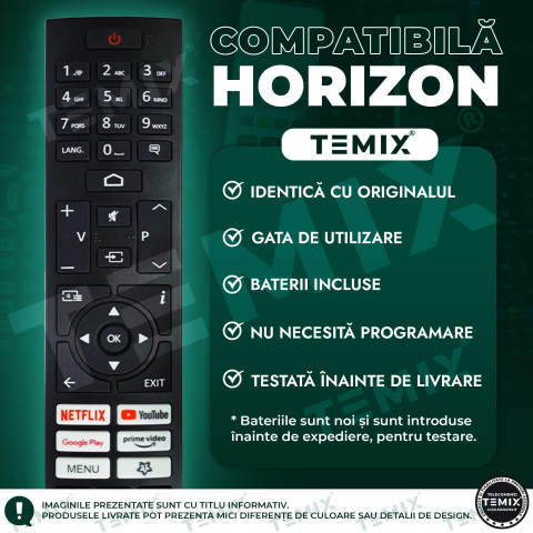 Telecomanda compatibila Horizon, 43HL7390F/B, 43HL7590U/C, 50HL7590U/C, 55HL7590U/C, RC45157, butoane dedicate Youtube, Netflix, PrimeVideo, GooglePlay, TEMIX®, baterii incluse [2]