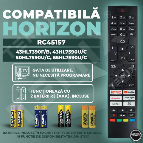 Telecomanda compatibila Horizon, 43HL7390F/B, 43HL7590U/C, 50HL7590U/C, 55HL7590U/C, RC45157, butoane dedicate Youtube, Netflix, PrimeVideo, GooglePlay, TEMIX®, baterii incluse [1]