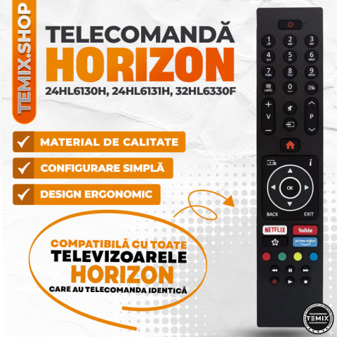Telecomanda compatibila Horizon Smart, 24HL6130H, 24HL6131H, 32HL6330F, butoane dedicate Netflix, Youtube, Prime Video, TEMIX®, baterii incluse [2]