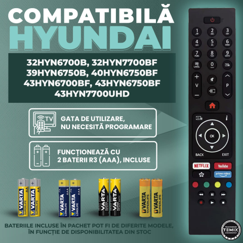 Telecomanda compatibila Hyundai Smart, HYN6700B, HYN6750B, butoane dedicate Youtube, Netflix, Prime Video, TEMIX®, baterii incluse [1]