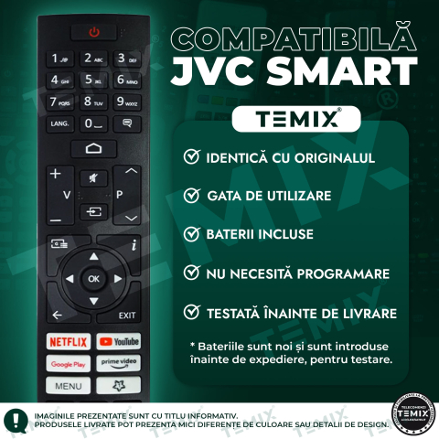 Telecomanda compatibila JVC, LT-43VAQ7235, LT-50VAQ7235, LT-55VAQ8235, LT-65VAQ8235, RM-C3607/RC45157, butoane dedicate Youtube, Netflix, PrimeVideo, GooglePlay, TEMIX®, baterii incluse [2]