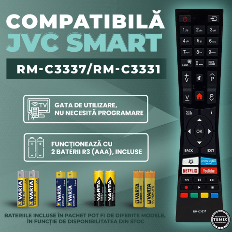 Telecomanda compatibila JVC, RM-C3337, RM-C3331, 32VFE5100, 43VU3100, butoane dedicate Netflix, Youtube, Prime Video, TEMIX®, baterii incluse [1]