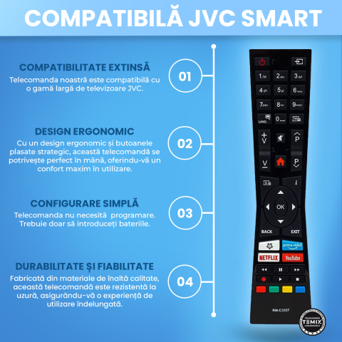 Telecomanda compatibila JVC, RM-C3337, RM-C3331, 32VFE5100, 43VU3100, butoane dedicate Netflix, Youtube, Prime Video, TEMIX®, baterii incluse [3]