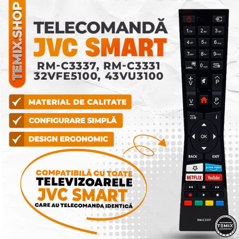 Telecomanda compatibila JVC, RM-C3337, RM-C3331, 32VFE5100, 43VU3100, butoane dedicate Netflix, Youtube, Prime Video, TEMIX®, baterii incluse [2]