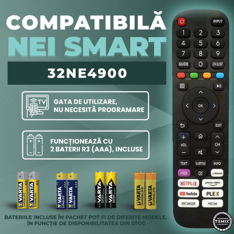 Telecomanda compatibila Nei Smart, 32NE4900, butoane dedicate Youtube, Netflix, Prime Video, TEMIX®, baterii incluse [1]