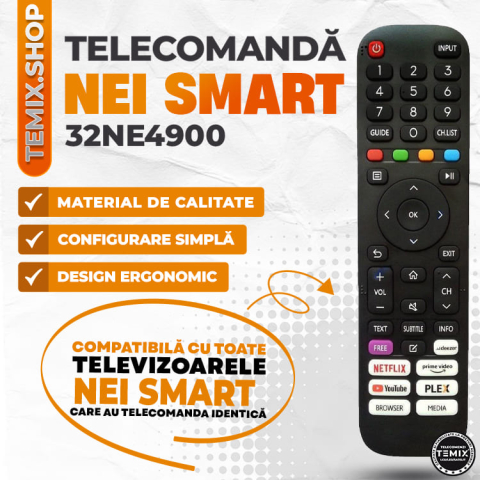 Telecomanda compatibila Nei Smart, 32NE4900, butoane dedicate Youtube, Netflix, Prime Video, TEMIX®, baterii incluse [2]