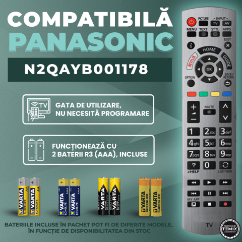 Telecomanda compatibila Panasonic, N2QAYB001178, TEMIX®, gri, baterii incluse [1]