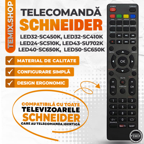 Telecomanda compatibila Schneider, LED24-SC510K, LED32-SC450K, LED43-SU702K, LED40-SC650K, LED50-SC650K, TEMIX®, baterii incluse [2]