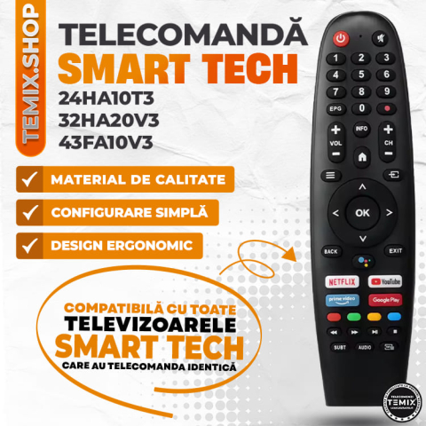 Telecomanda compatibila Smart-Tech, 24HA10T3, 32HA20V3, 43FA10V3, fara Bluetooth, butoane dedicate Youtube, Netflix, Prime Video, Google Play, TEMIX®, baterii incluse [2]