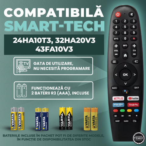 Telecomanda compatibila Smart-Tech, 24HA10T3, 32HA20V3, 43FA10V3, fara Bluetooth, butoane dedicate Youtube, Netflix, Prime Video, Google Play, TEMIX®, baterii incluse [1]