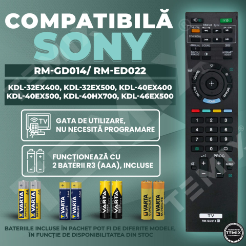 Telecomanda compatibila Sony, KDL-32EX400, KDL-32EX500, KDL-40EX400, KDL-40EX500, KDL-40HX700, KDL-46EX500, RM-GD014, RM-ED022, TEMIX®, neagra, baterii incluse [1]