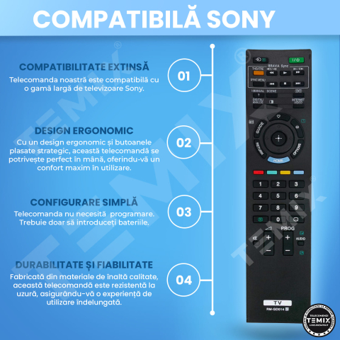 Telecomanda compatibila Sony, KDL-32EX400, KDL-32EX500, KDL-40EX400, KDL-40EX500, KDL-40HX700, KDL-46EX500, RM-GD014, RM-ED022, TEMIX®, neagra, baterii incluse [2]