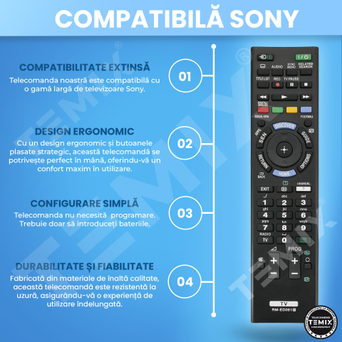 Telecomanda compatibila Sony, KDL-32W705B, KDL-40W605B, KDL-42W705B, KDL-42W706B, KDL-42W805B, KDL-42W817B, RM-ED061, TEMIX®, neagra, baterii incluse [2]