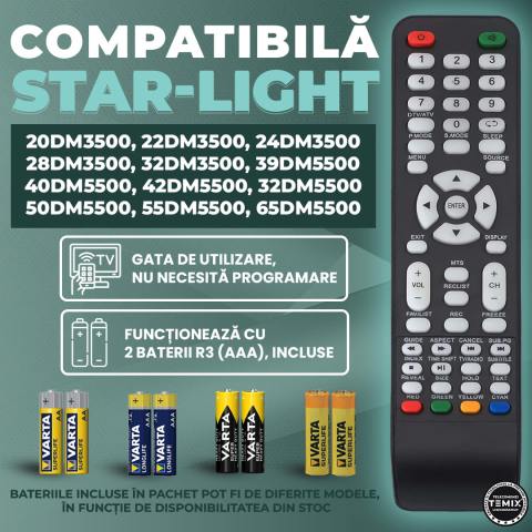 Telecomanda compatibila Starlight 20DM3500, 22DM3500, 24DM3500, 32DM3500, 40DM5500, 43DM5500, TEMIX®, neagra, baterii incluse [1]