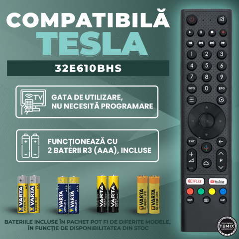 Telecomanda compatibila Tesla, 32E610BHS, butoane dedicate Netflix, Youtube, TEMIX®, baterii incluse [1]