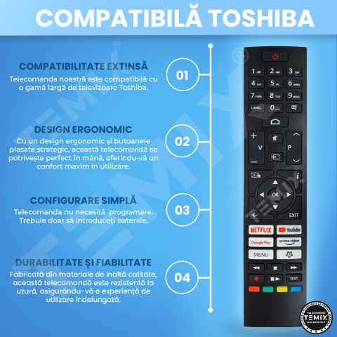 Telecomanda compatibila Toshiba, 24WA2063DG, 32LA2063DG, 32WA2063DG, 42LA2063DG, 43LA2063DG, CT-8564, TEMIX®, neagra, baterii incluse [4]
